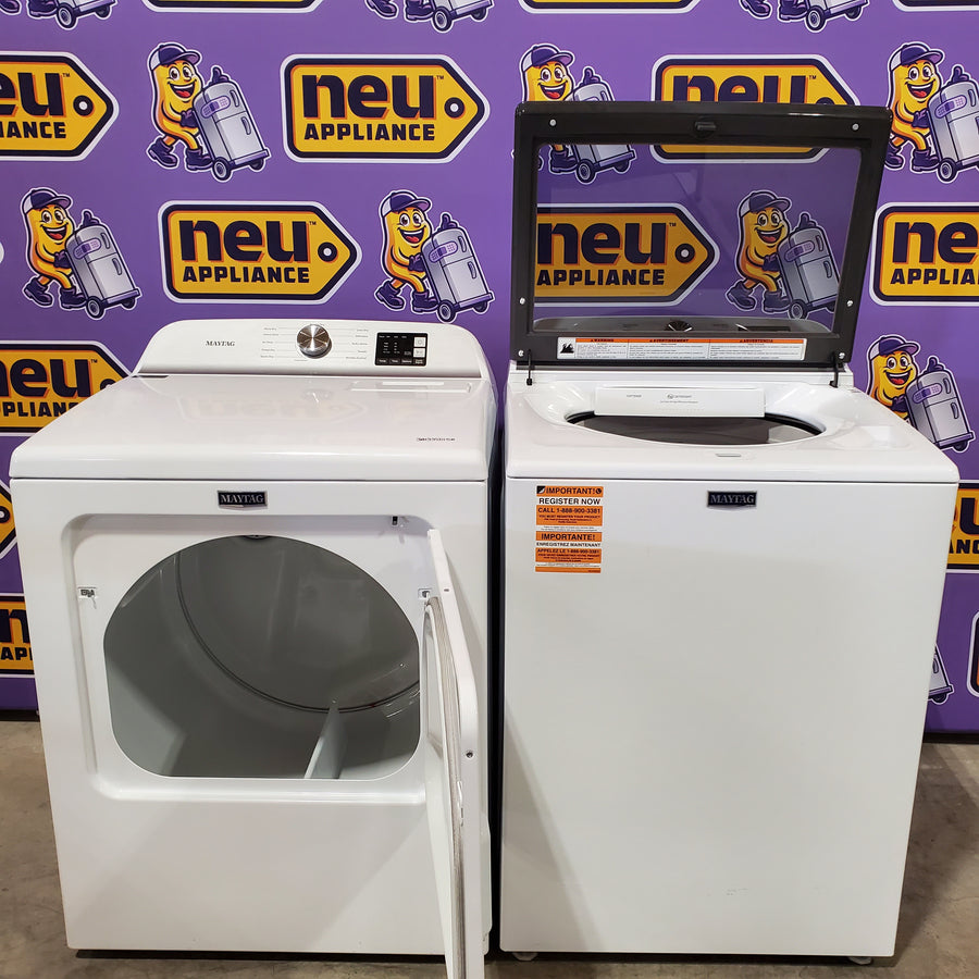 Maytag Top Load 4.8 cu ft Washer with Deep Fill and Slow-Close Glass Lid MVW6200KW - Scratch & Dent (Minor) and Maytag 7.0 cu ft Electric Dryer with Moisture Sensing and Quick Dry Cycle 16193 - MED6200KW - Scratch & Dent (Minor)