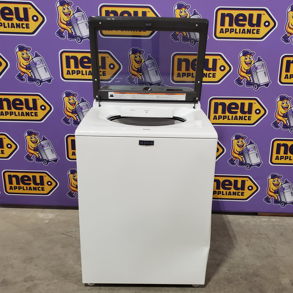 Pictures of Maytag Top Load 4.8 cu ft Washer with Deep Fill and Slow-Close Glass Lid MVW6200KW - Scratch & Dent (Major) and Maytag 7.0 cu ft Electric Dryer with Moisture Sensing and Quick Dry Cycle 16174 - MED6200KW - Scratch & Dent (Major) - Neu Appliance Outlet - Discount Appliance Outlet in Austin, Tx