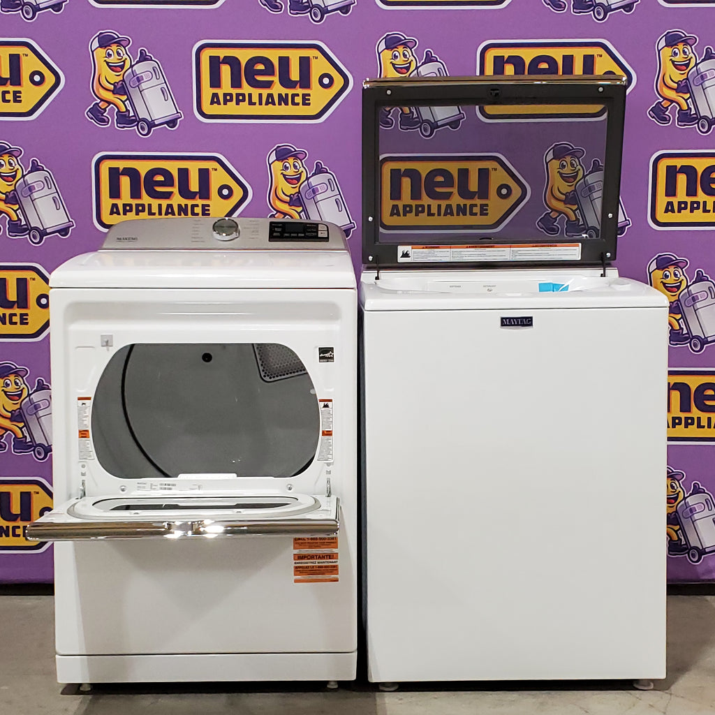 Pictures of Maytag 4.7 cu. ft. Smart Top Load Washing Machine with Extra Power Button and Deep Fill option MVW6230HW - Open Box and Maytag ENERGY STAR Smart Capable 7.4 cu. ft. Electric Steam Dryer with Extra Power Button MED7230HW - Open Box - Neu Appliance Outlet - Discount Appliance Outlet in Austin, Tx