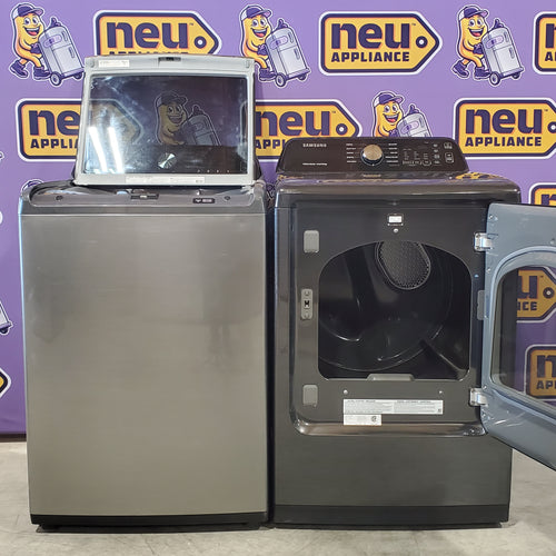 Samsung 4.5 cu. ft. Capacity Top Load Washer with Active WaterJet in Platinum WA45T3400AP - Certified Refurbished and Samsung 7.4 cu. ft. Smart Electric Dryer with Sensor Dry 16042 - DVE47CG3500V - Scratch & Dent (Minor)