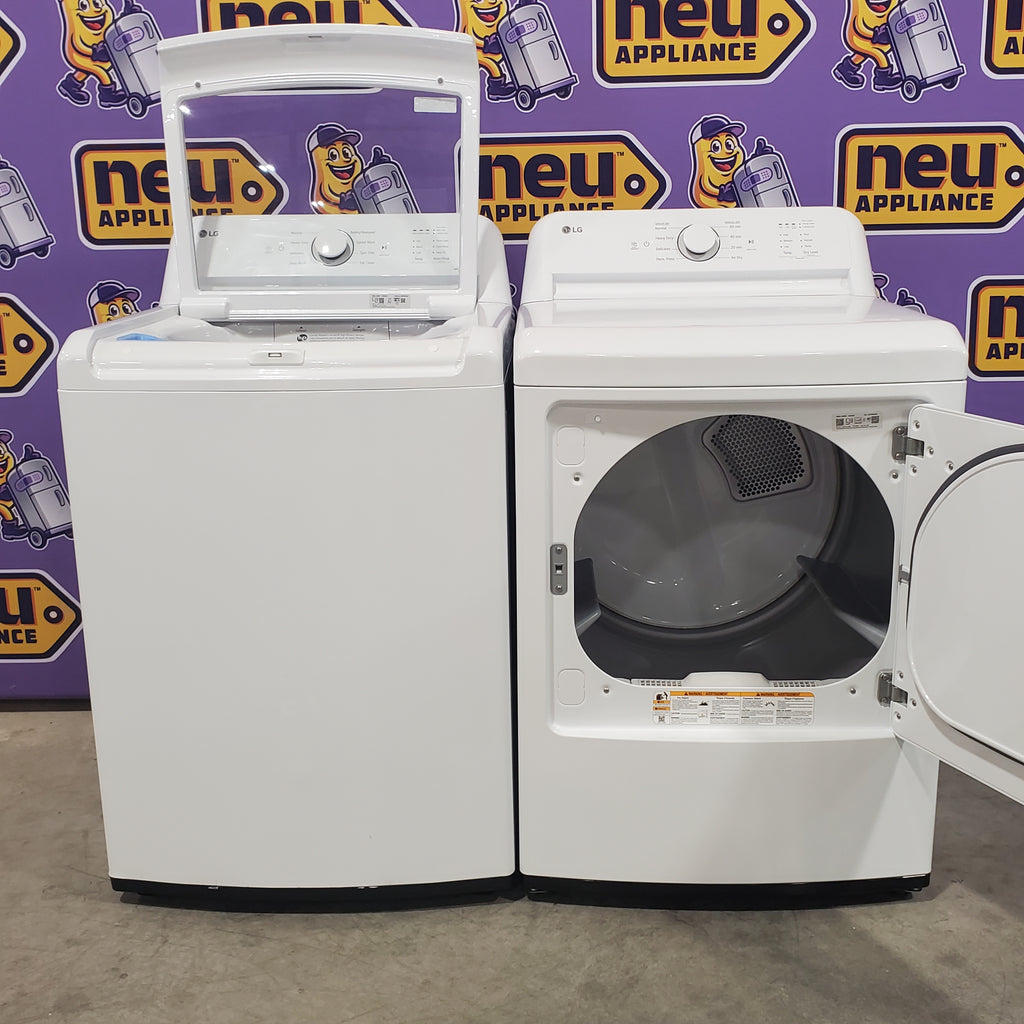Pictures of LG Top Load 4.1 Cu. Ft. Washer with TurboDrum Technology in White WT6105CW - Certified Refurbished and LG 7.3 Cu. Ft. Electric Rear Control Ultra Large Capacity Dryer in White with Sensor Dry 16109 - DLE6100W - Open Box - Neu Appliance Outlet - Discount Appliance Outlet in Austin, Tx