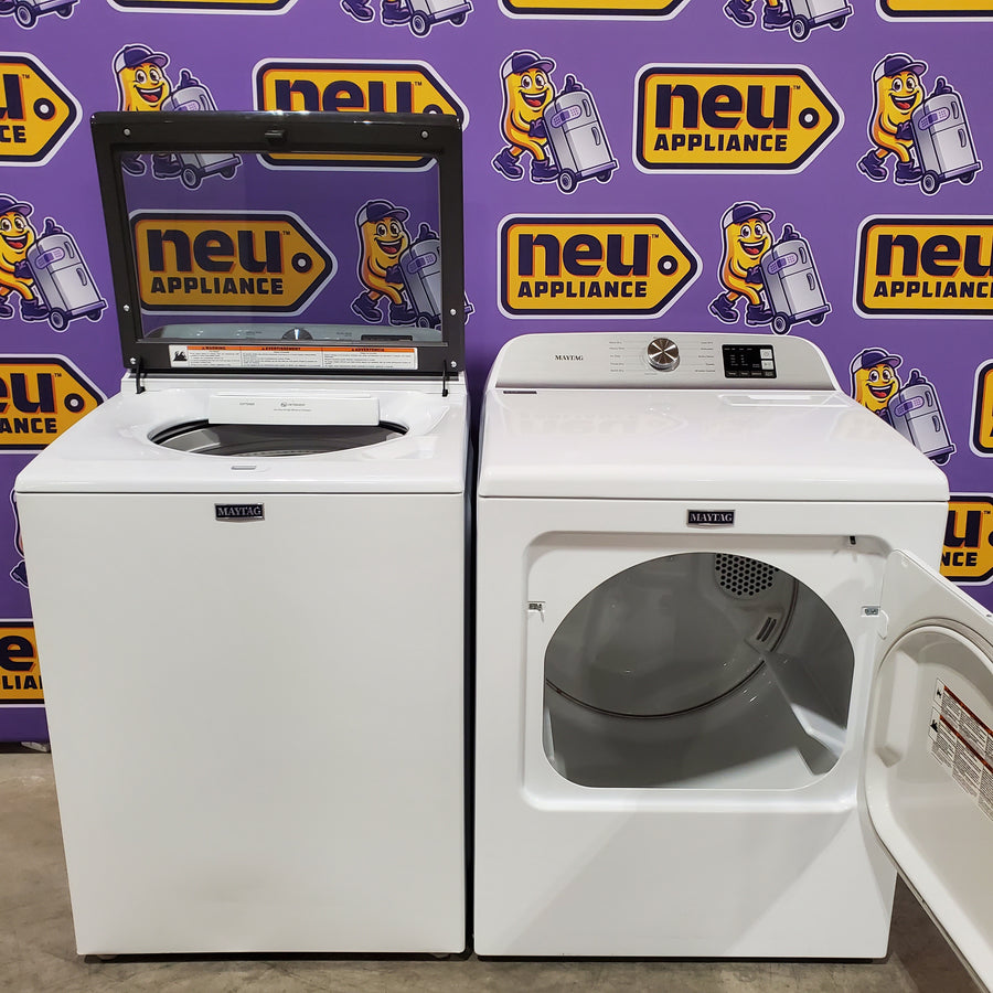 Maytag Top Load 4.8 cu ft Washer with Deep Fill and Slow-Close Glass Lid MVW6200KW - Scratch & Dent (Minor) and Maytag 7.0 cu ft Electric Dryer with Moisture Sensing and Quick Dry Cycle 16203 - MED6200KW - Scratch & Dent (Minor)