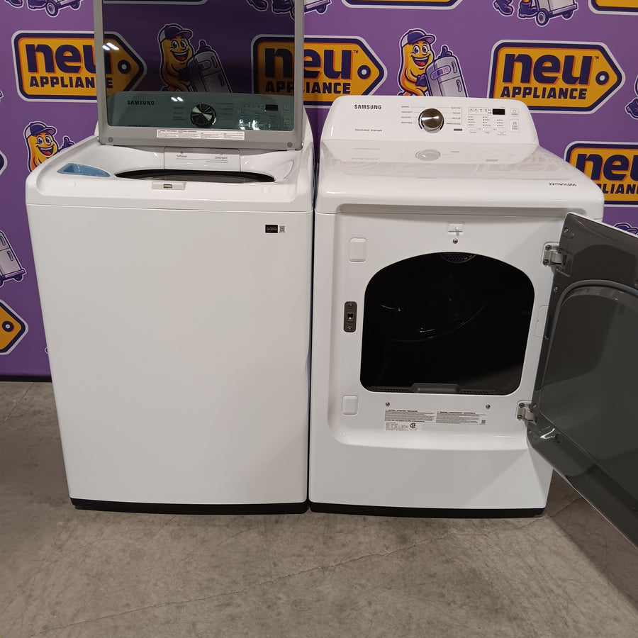 Samsung 4.5 cu. ft. Top Load Washer with Vibration Reduction Technology+ in White WA45T3200AW - Scratch & Dent (Minor) and Samsung 7.2 cu. ft. Electric Dryer with Sensor Dry in White 16251 - DVE45T3200W - Open Box