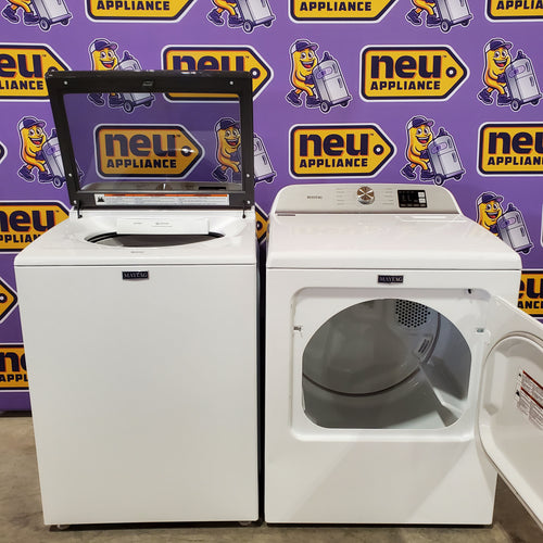 Pictures of Maytag Top Load 4.8 cu ft Washer with Deep Fill and Slow-Close Glass Lid MVW6200KW - Scratch & Dent (Minor) and Maytag 7.0 cu ft Electric Dryer with Moisture Sensing and Quick Dry Cycle 16221 - MED6200KW - Scratch & Dent (Moderate) - Neu Appliance Outlet - Discount Appliance Outlet in Austin, Tx