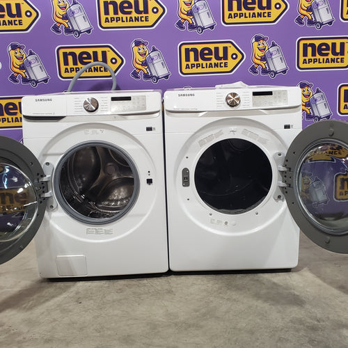 Samsung 4.5 cu. ft. Large Capacity Smart Front Load Washer with Super Speed Wash in White WF45B6300AW - Scratch & Dent (Minor) and Samsung 7.5 cu. ft. Smart Electric Dryer with Steam Sanitize+ in White 16064 - DVE45B6300W - Open Box