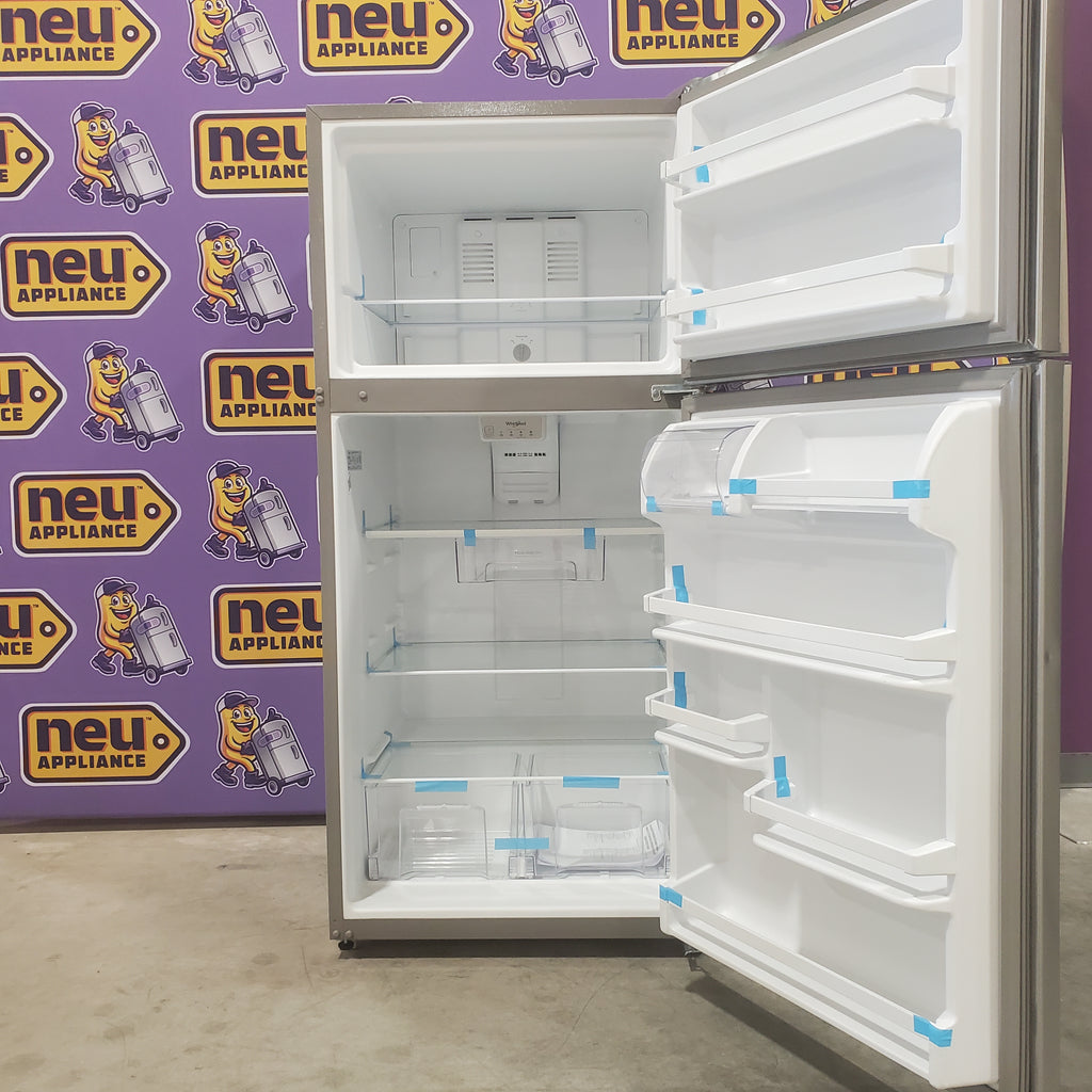Pictures of Whirlpool Monochromatic Stainless Steel 18 cu ft 30" Wide ENERGY STAR Top-Freezer Refrigerator with Clear, Humidity Controlled Crispers WRT148FZDM - Scratch & Dent - Minor - Neu Appliance Outlet - Discount Appliance Outlet in Austin, Tx