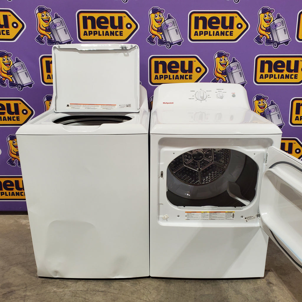 Hotpoint® 4.0 cu. ft. Capacity Washer with Cold Plus and Water Level Control HTW265ASWWW - Scratch & Dent (Major) and Hotpoint 6.2 cu. ft. Capacity Electric Dryer with Up To 120 ft. Venting and Shallow Depth 16184 - HTX26EASWWW - Scratch & Dent (Minor)