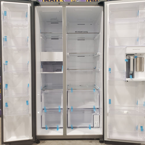 Samsung 36 Inch Freestanding Side by Side Smart Refrigerator with 28 cu. ft. Capacity, SpaceMax™ Technology, Beverage Center, Dual Ice Maker, Auto Open Door, Internal Water Dispenser and Built In Pitcher - Scratch and Dent (Minor)