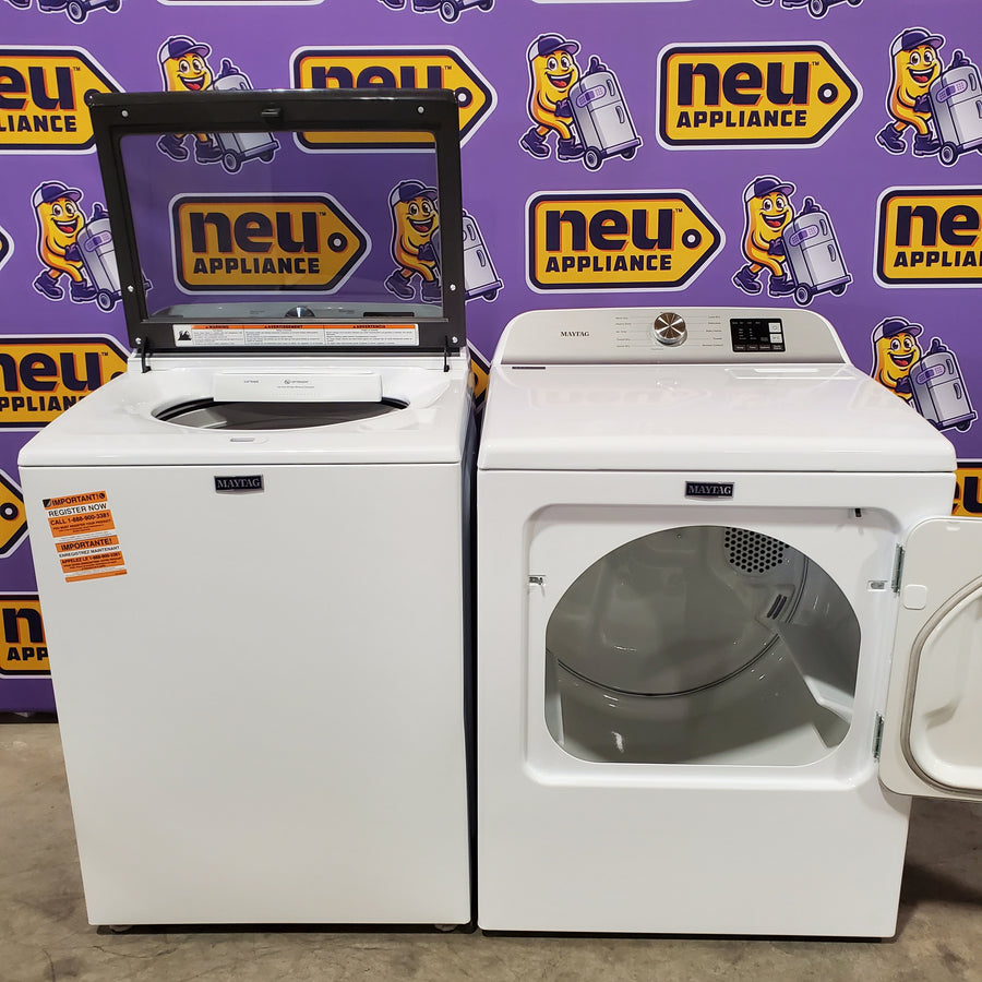 Maytag Top Load 4.8 cu ft Washer with Deep Fill and Slow-Close Glass Lid MVW6200KW - Scratch & Dent (Minor) and Maytag 7.0 cu ft Electric Dryer with Moisture Sensing and Quick Dry Cycle 16218 - MED6200KW - Open Box