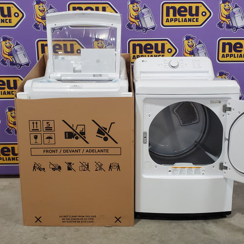 LG 4.3 cu. ft. Capacity Top Load Washer with TurboDrum™ Technology and Impeller WT6100CW - New in Box and LG 7.3 Cu. Ft.  Electric Rear Control Ultra Large Capacity Dryer in White with Sensor Dry 16083 - DLE6100W - Certified Refurbished