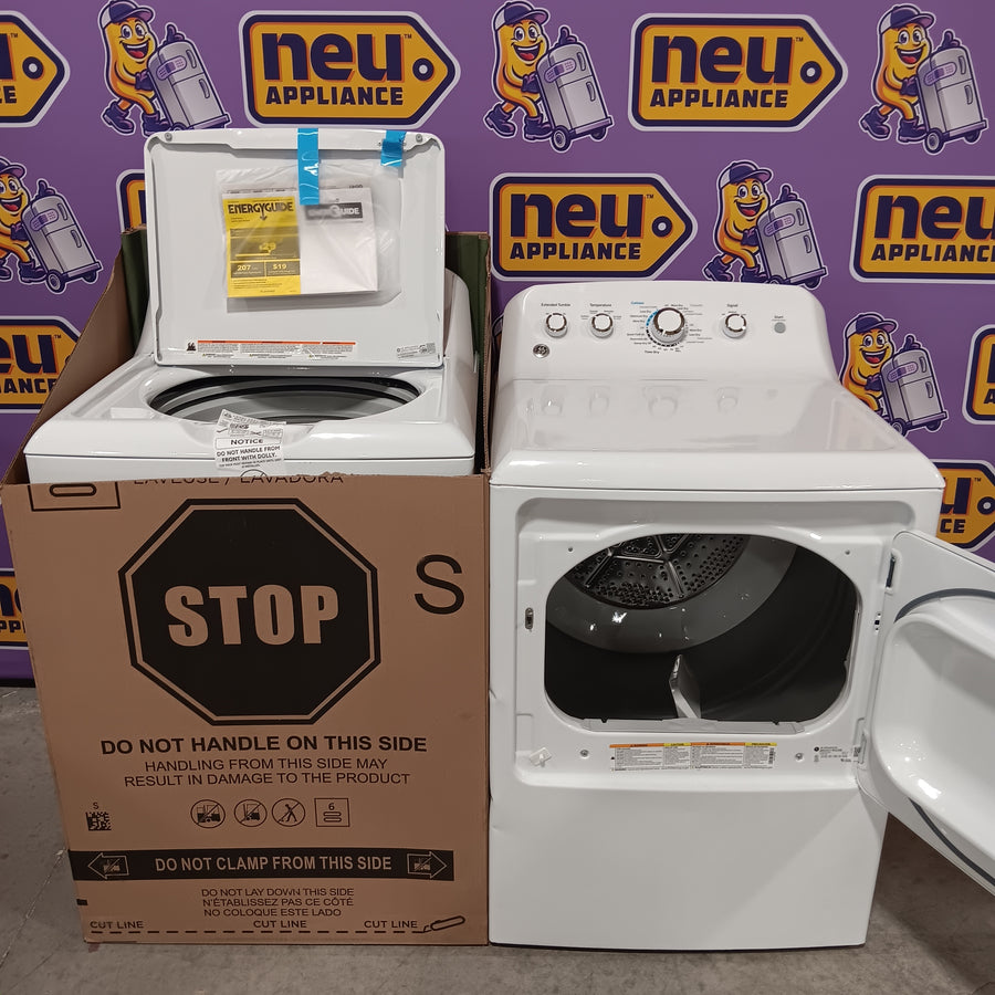GE White Top Load 4.0 Cu. Ft. Capacity Washer with Stainless Steel Wash Basket GTW325ASWWW - New in Box and GE White Electric 6.2 Cu. Ft. Capacity Dryer with Shallow Depth and Up to 120 Ft. Venting Capability 16279 - GTX33EASKWW - Certified Refurbished
