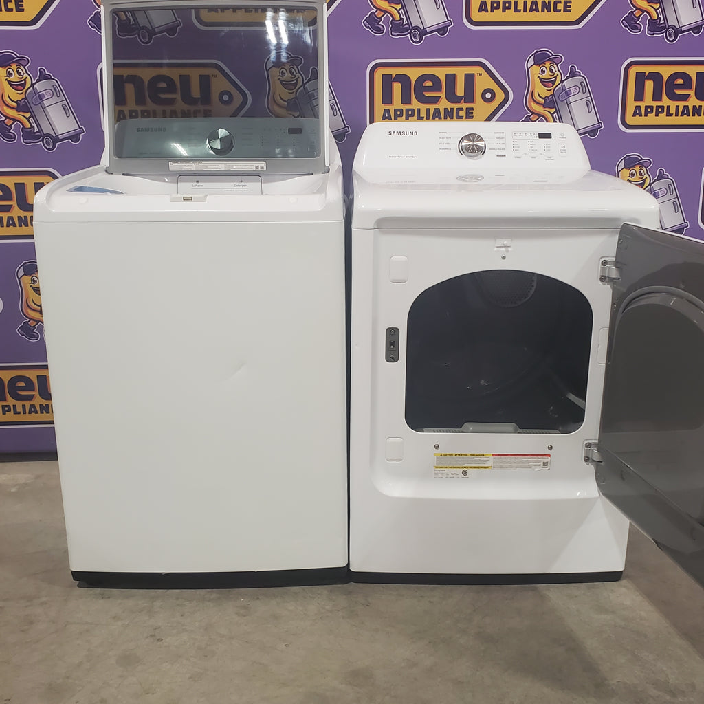 Pictures of Samsung 4.5 cu. ft. Top Load Washer with Vibration Reduction Technology+ in White WA45T3200AW - Certified Refurbished and Samsung 7.2 cu. ft. Electric Dryer with Sensor Dry in White 16086 - DVE45T3200W - Certified Refurbished - Neu Appliance Outlet - Discount Appliance Outlet in Austin, Tx