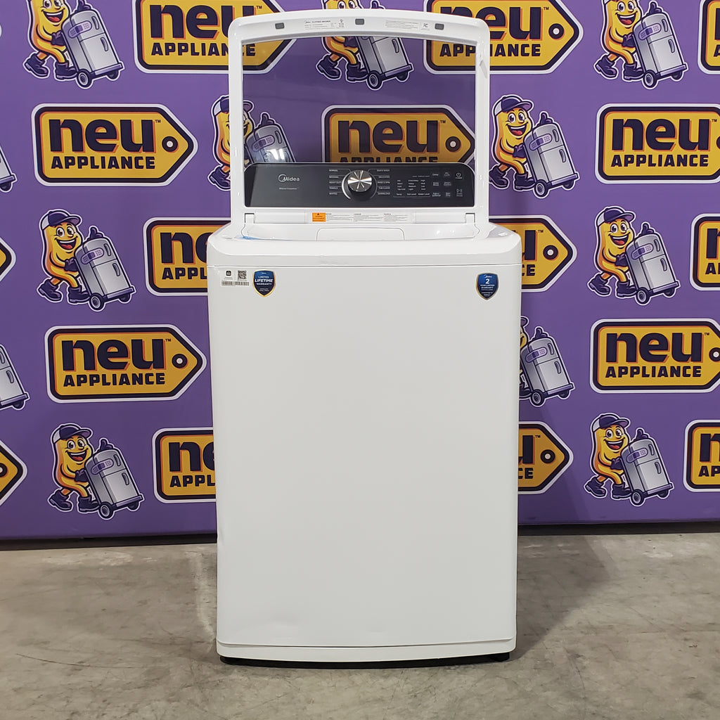 Pictures of Midea 4.5 cu. ft. Smart Top Load Washer with Wave-Impeller in White MLV45N3BWW - Scratch & Dent (Moderate) and Midea 7 cu. ft. Smart Electric Tumble Dryer with Sensor Dry MLTE45N4BWW - Scratch & Dent (Minor) - Neu Appliance Outlet - Discount Appliance Outlet in Austin, Tx