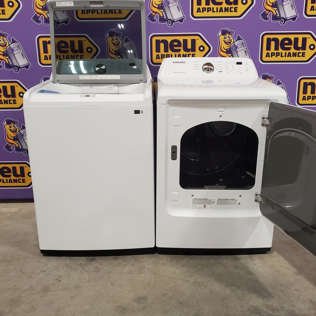Pictures of Samsung 4.5 cu. ft. Top Load Washer with Vibration Reduction Technology+ in White WA45T3200AW - Open Box and Samsung 7.2 cu. ft. Electric Dryer with Sensor Dry in White 16125 - DVE45T3200W - Open Box - Neu Appliance Outlet - Discount Appliance Outlet in Austin, Tx