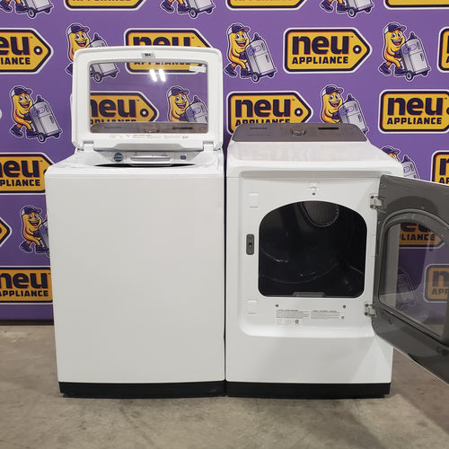 Samsung 5.0 cu. ft. Top Load Washing Machine with Active Water Jet 1CR04027 - WA50R5200AW - Certified Refurbished and Samsung White Smart Electric 7.4 Cu. Ft. Dryer with Sensor Dry and Steam Sanitize+ 16080 - DVE52A5500W - Scratch & Dent (Moderate)