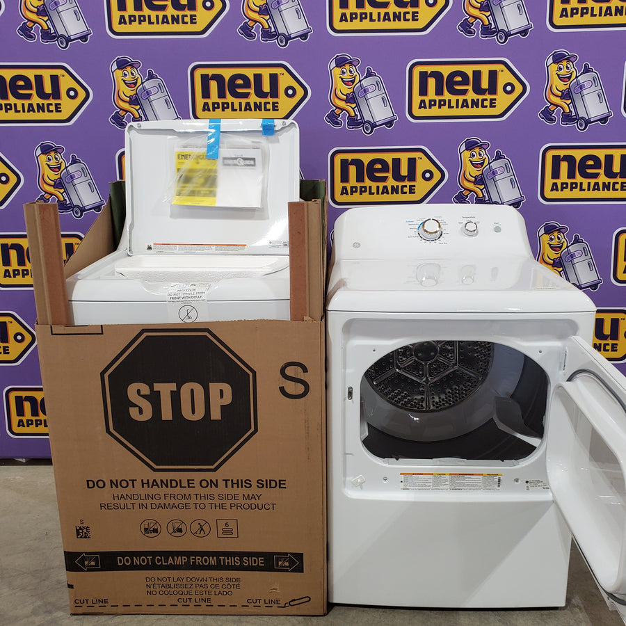 GE White Top Load 4.0 Cu. Ft. Capacity Washer with Stainless Steel Wash Basket GTW325ASWWW - New in Box and GE 6.2 cu. ft. Capacity Electric Dryer with Up To 120 ft. Venting and Shallow Depth 16206 - GTX33EASK1WW - Scratch & Dent (Minor)