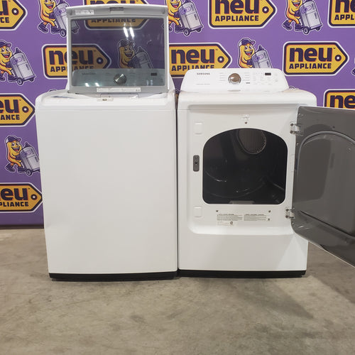 Samsung 4.5 cu. ft. Top Load Washer with Vibration Reduction Technology+ in White WA45T3200AW - Certified Refurbished and Samsung 7.2 cu. ft. Electric Dryer with Sensor Dry in White 16054 - DVE45T3200W - Open Box