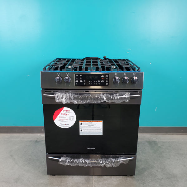 Smudge-Proof Black Stainless Steel Frigidaire Gallery 5.6 cu. ft. Gas 5 Burner Slide In Range with Air Fry- Scratch & Dent - Minor