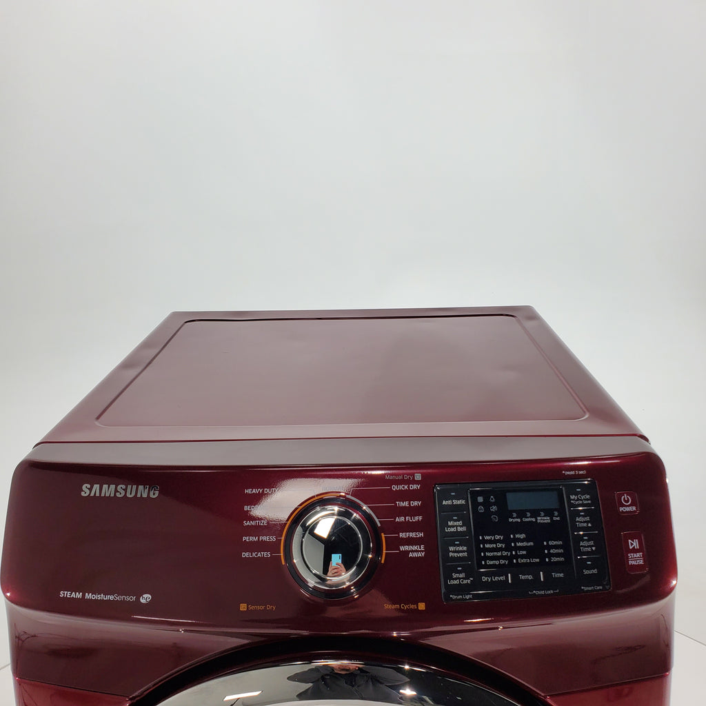 Pictures of HE Merlot Samsung 7.2 cu. ft. Electric Steam Dryer With Moisture Sensor-Dry Technology on Pedestal- Certified Refurbished - Neu Appliance Outlet - Discount Appliance Outlet in Austin, Tx