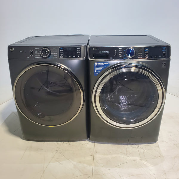 GE Profile 5.3 cu. ft. Smart Front Load Washer in Carbon Graphite with OdorBlock UltraFresh Vent System and Steam and  GE® ENERGY STAR® 7.8 cu. ft. Capacity Smart Front Load Electric Dryer with Steam and Sanitize Cycle - Scratch and Dent - Moderate