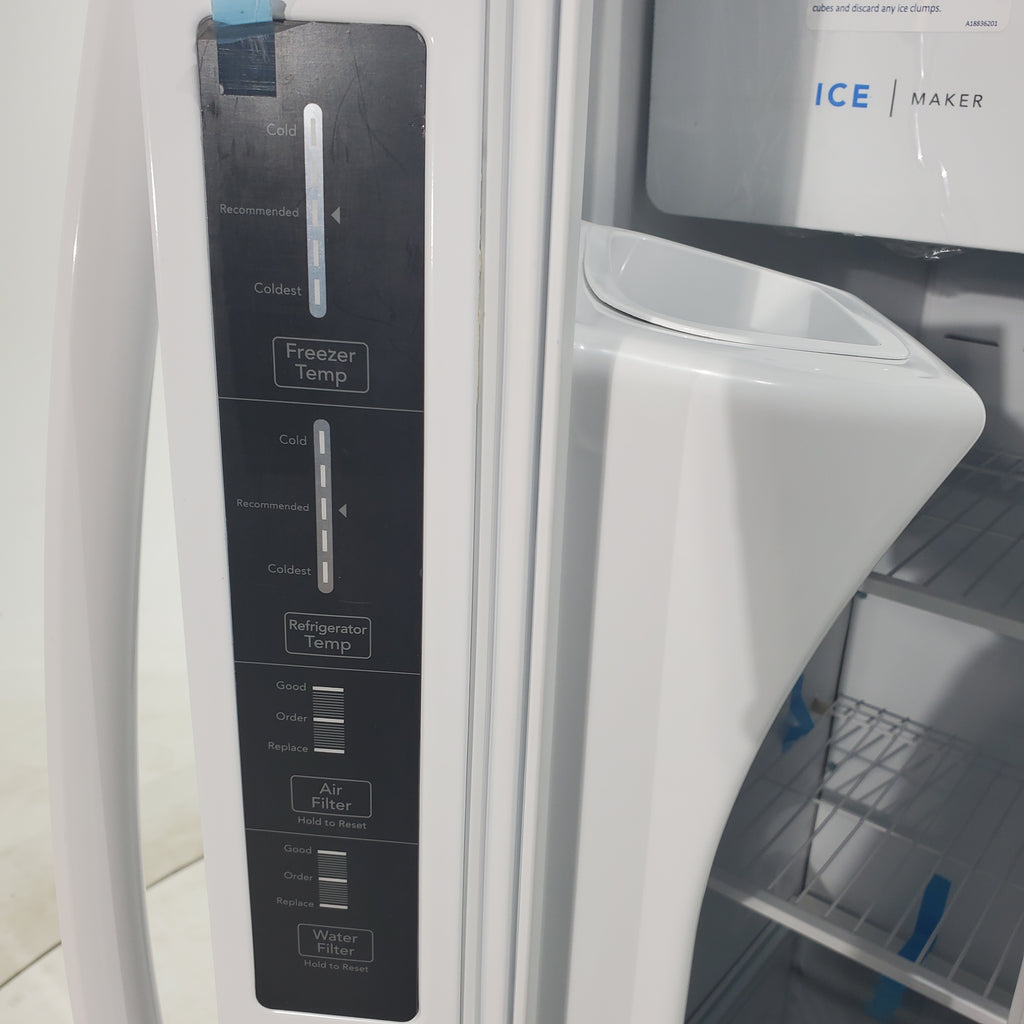 Pictures of 36 1/8" Wide White Frigidaire 25.6 cu. ft. Side by Side Refrigerator with Exterior Ice and Water Dispenser - Scratch and Dent - Minor - Neu Appliance Outlet - Discount Appliance Outlet in Austin, Tx