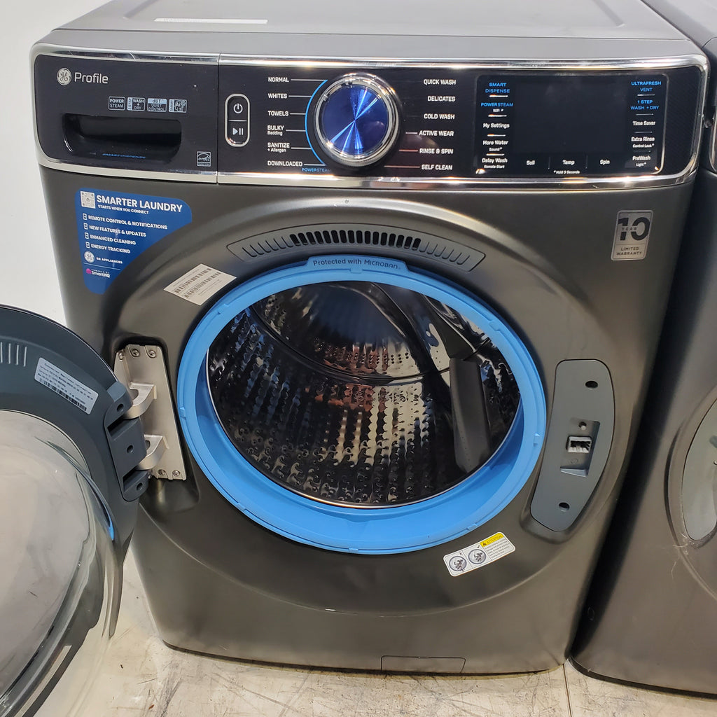 Pictures of GE Profile 5.3 cu. ft. Smart Front Load Washer in Carbon Graphite with OdorBlock UltraFresh Vent System and Carbon Graphite ENERGY STAR GE 7.8 cu. ft. Front Load Gas Dryer with Power Steam- Scratch & Dent - Minor - Neu Appliance Outlet - Discount Appliance Outlet in Austin, Tx