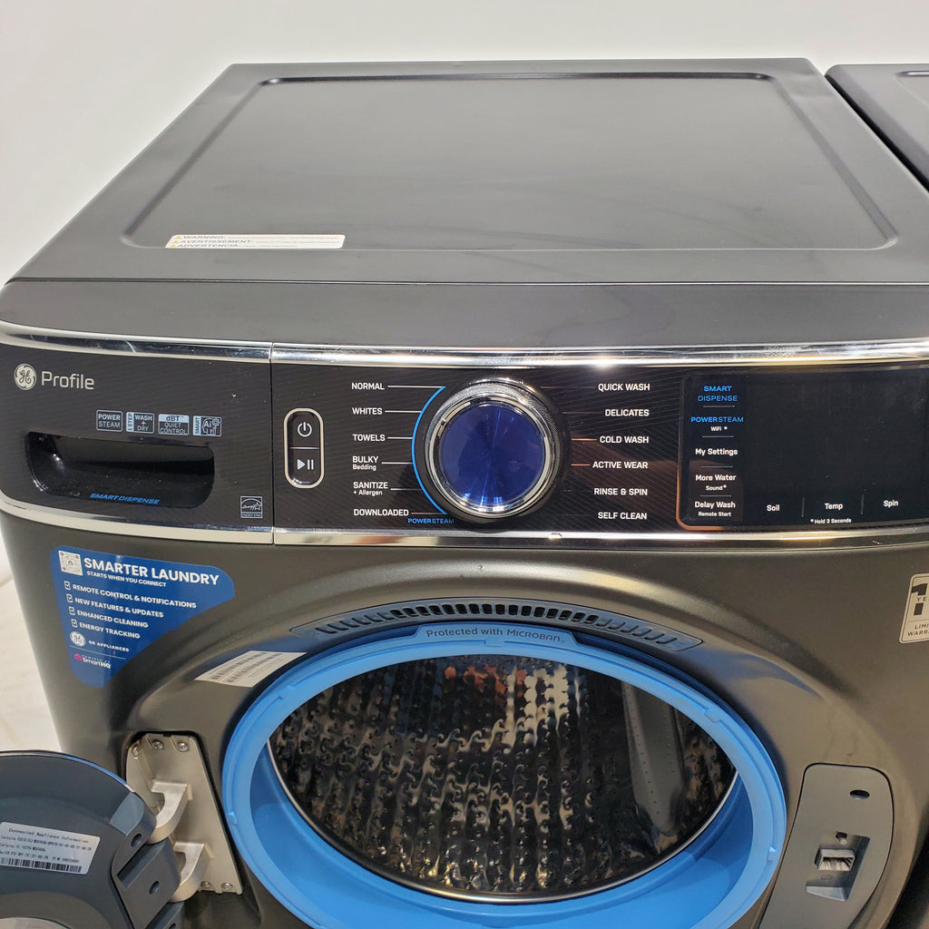 Pictures of GE Profile 5.3 cu. ft. Smart Front Load Washer in Carbon Graphite with OdorBlock UltraFresh Vent System and Carbon Graphite ENERGY STAR GE 7.8 cu. ft. Front Load Gas Dryer with Power Steam- Scratch & Dent - Minor - Neu Appliance Outlet - Discount Appliance Outlet in Austin, Tx