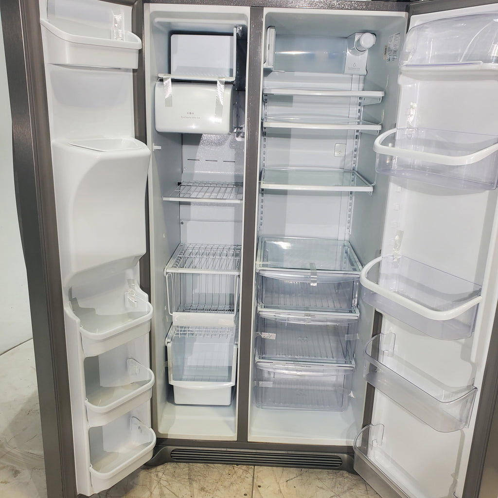 Pictures of Smudge-Proof Stainless Steel ENERGY STAR Frigidaire Gallery 25.6 cu. ft. Side by Side Refrigerator with External Water and Ice Dispenser - Certified Refurbished - Neu Appliance Outlet - Discount Appliance Outlet in Austin, Tx