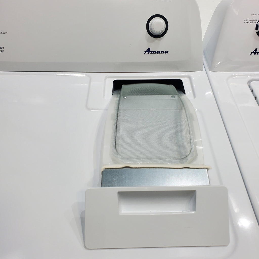 Pictures of White Amana 3.5 cu. ft. Top-Load Washer with Deep Water Wash Option and Amana 6.5 cu. ft. Electric Dryer with Wrinkle Prevent - Open Box - Neu Appliance Outlet - Discount Appliance Outlet in Austin, Tx