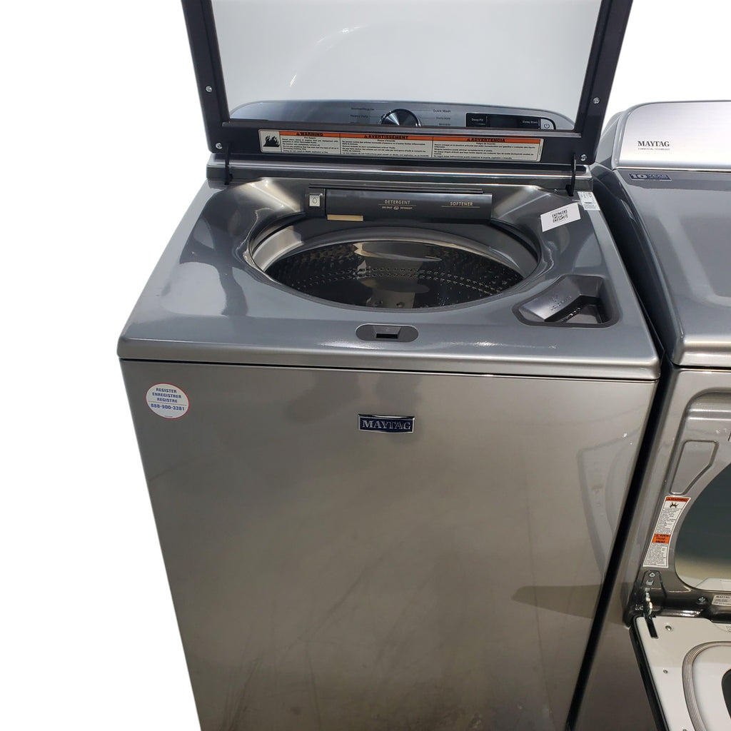 Pictures of Maytag Metallic Slate Smart Top Load 5.2 cu ft Washer with Extra Power button and Deep Fill Option and Smart 7.4 cu ft Electric Steam Dryer with Extra Power Button and Advance Moisture Sensing - Open Box - Neu Appliance Outlet - Discount Appliance Outlet in Austin, Tx