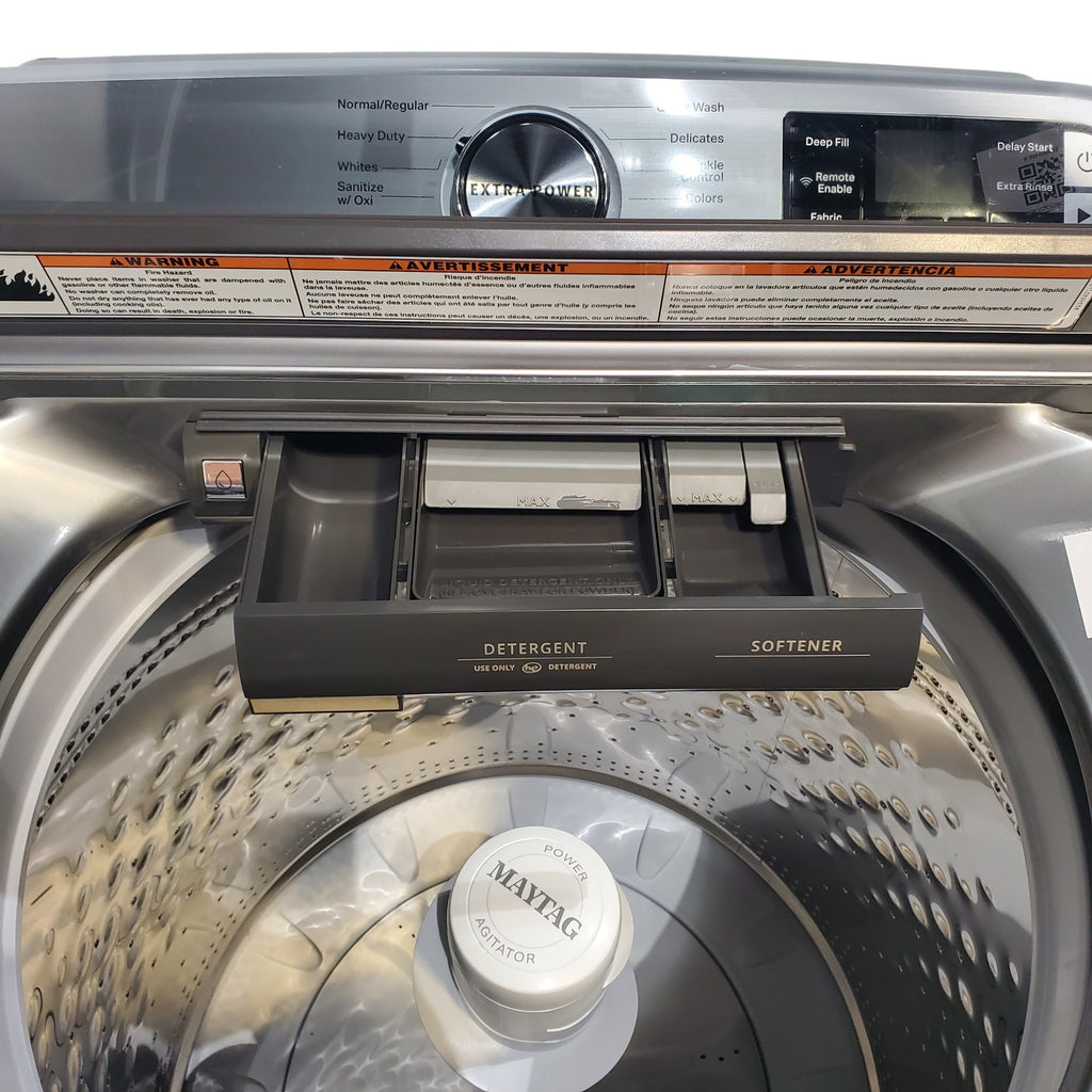 Pictures of Maytag Metallic Slate Smart Top Load 5.2 cu ft Washer with Extra Power button and Deep Fill Option and Smart 7.4 cu ft Electric Steam Dryer with Extra Power Button and Advance Moisture Sensing - Open Box - Neu Appliance Outlet - Discount Appliance Outlet in Austin, Tx