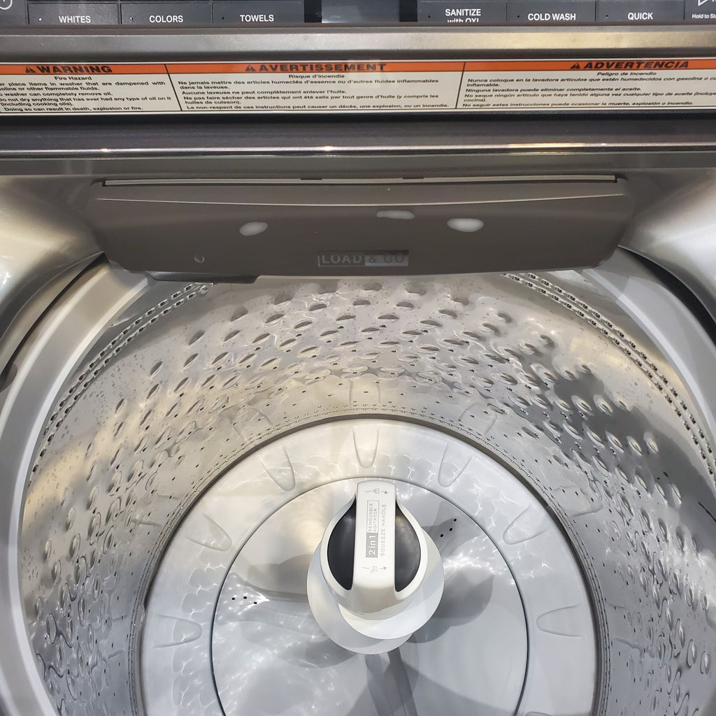 Pictures of Whirlpool Chrome Shadow 5.2 - 5.3 cu. ft. ENERGY STAR Top Load Washer with 2 in 1 Removable Agitator and Load & Go™ dispenser and 7.4 cu. ft. Top Load Electric Dryer with Advanced Moisture Sensing - Scratch & Dent - Minor - Neu Appliance Outlet - Discount Appliance Outlet in Austin, Tx