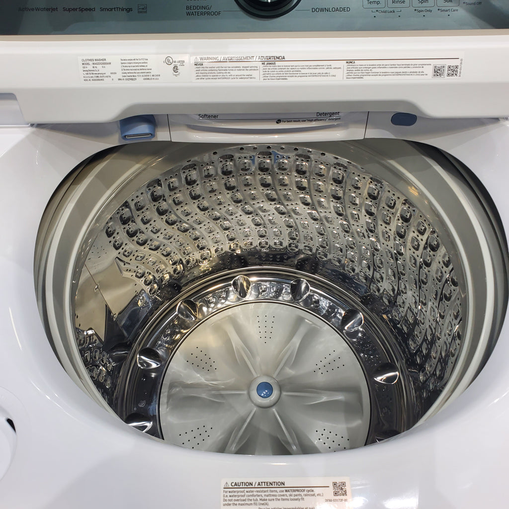 Pictures of 5.2 cu. ft. Samsung Large Capacity Smart Top Load Washer with Super Speed Wash in White (New in Box) and 7.4-cu ft Electric Dryer White - Scratch & Dent - Minor - Neu Appliance Outlet - Discount Appliance Outlet in Austin, Tx