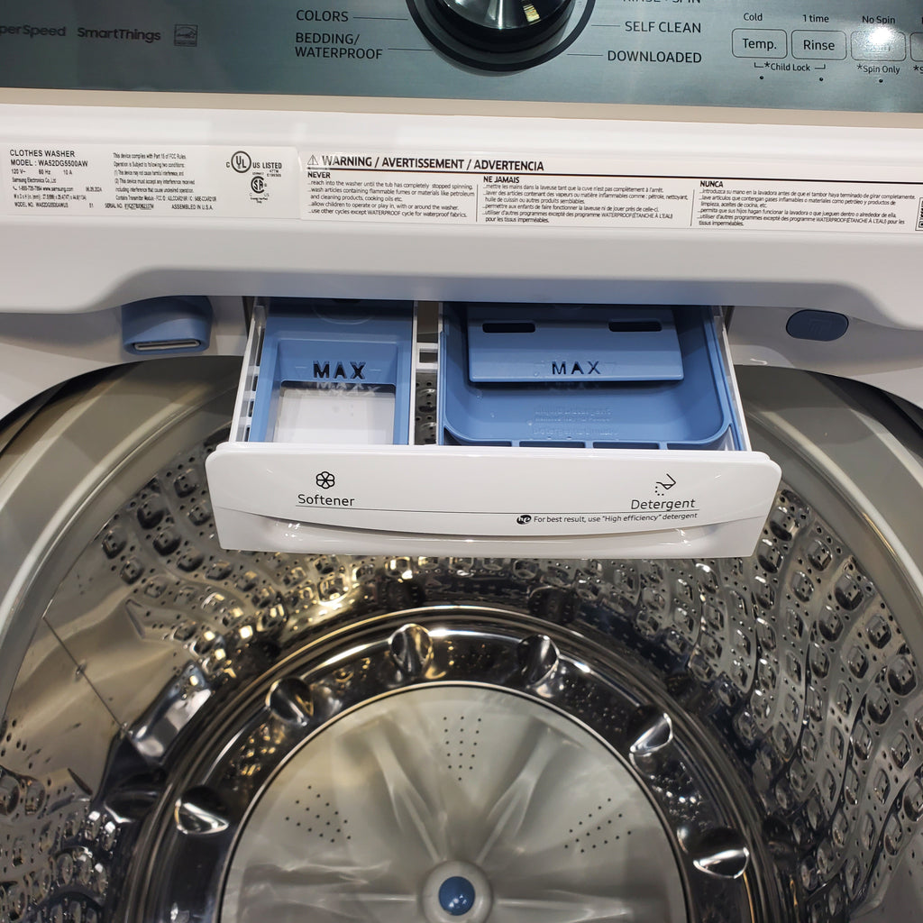 Pictures of 5.2 cu. ft. Samsung Large Capacity Smart Top Load Washer with Super Speed Wash in White (New in Box) and 7.4-cu ft Electric Dryer White - Scratch & Dent - Minor - Neu Appliance Outlet - Discount Appliance Outlet in Austin, Tx