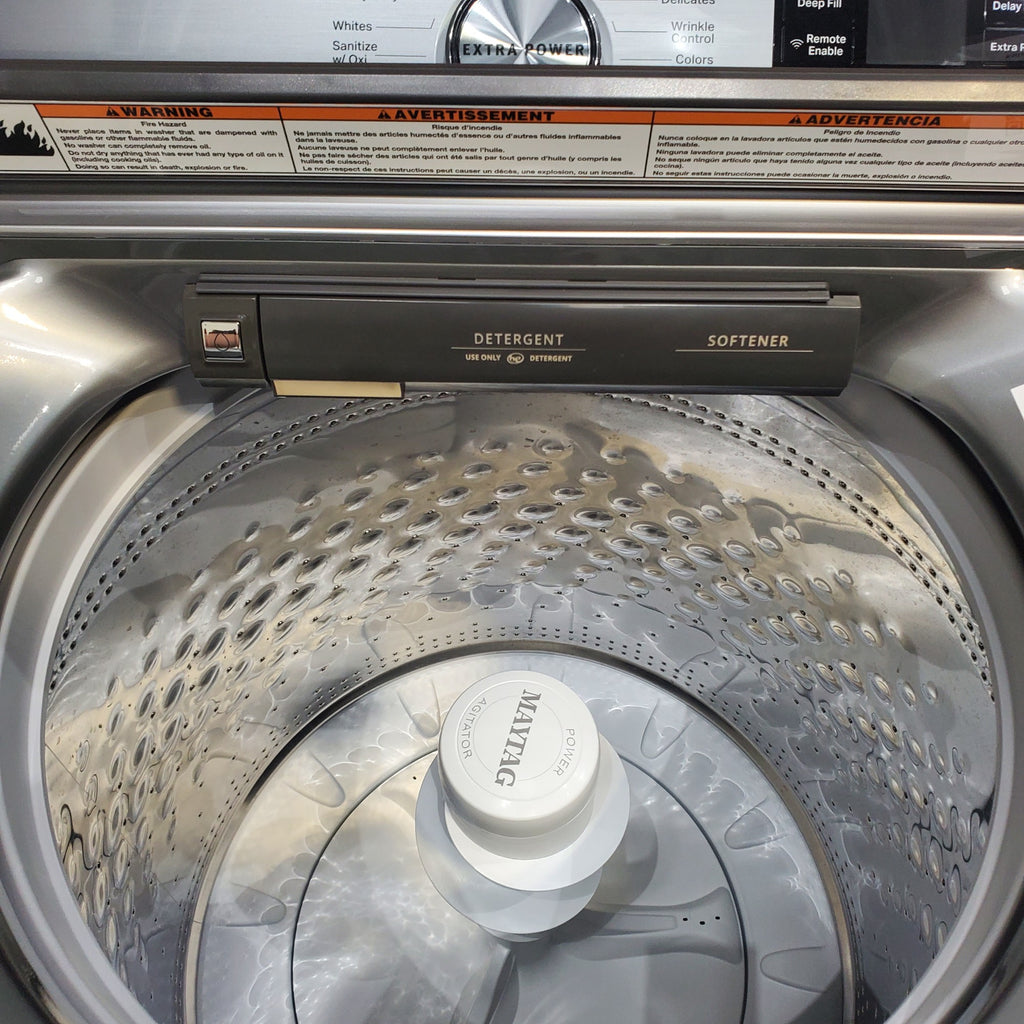 Pictures of Maytag Metallic Slate Smart Top Load 5.2 cu ft Washer with Extra Power button and Deep Fill Option and Smart 7.4 cu ft Electric Steam Dryer with Extra Power Button and Advance Moisture Sensing - Open Box - Neu Appliance Outlet - Discount Appliance Outlet in Austin, Tx