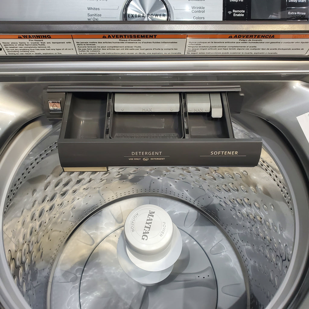 Pictures of Maytag Metallic Slate Smart Top Load 5.2 cu ft Washer with Extra Power button and Deep Fill Option and Smart 7.4 cu ft Electric Steam Dryer with Extra Power Button and Advance Moisture Sensing - Open Box - Neu Appliance Outlet - Discount Appliance Outlet in Austin, Tx