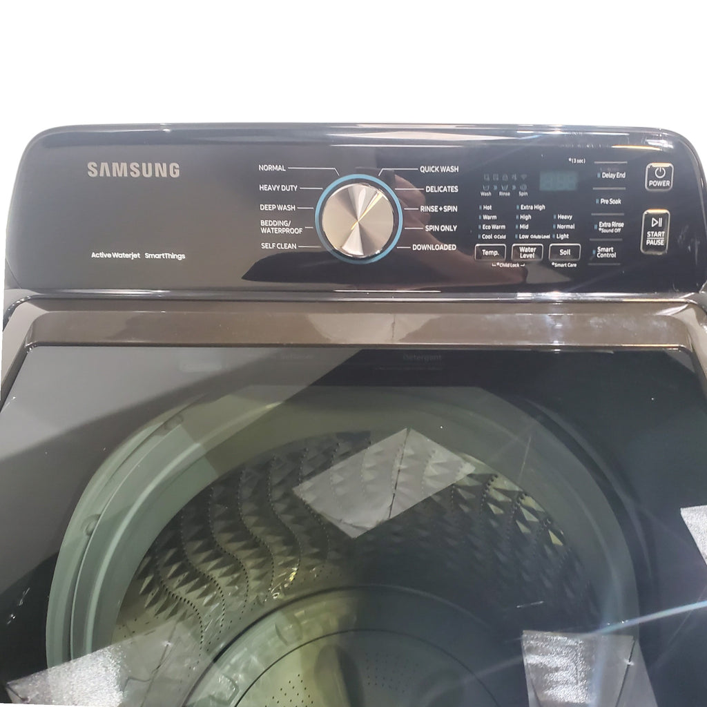 Pictures of Samsung Brushed Black 4.7 cu. ft. Large Capacity Smart Top Load Washer with Active WaterJet and 7.4 cu. ft. Smart Electric Dryer with Sensor Dry - Open Box - Neu Appliance Outlet - Discount Appliance Outlet in Austin, Tx