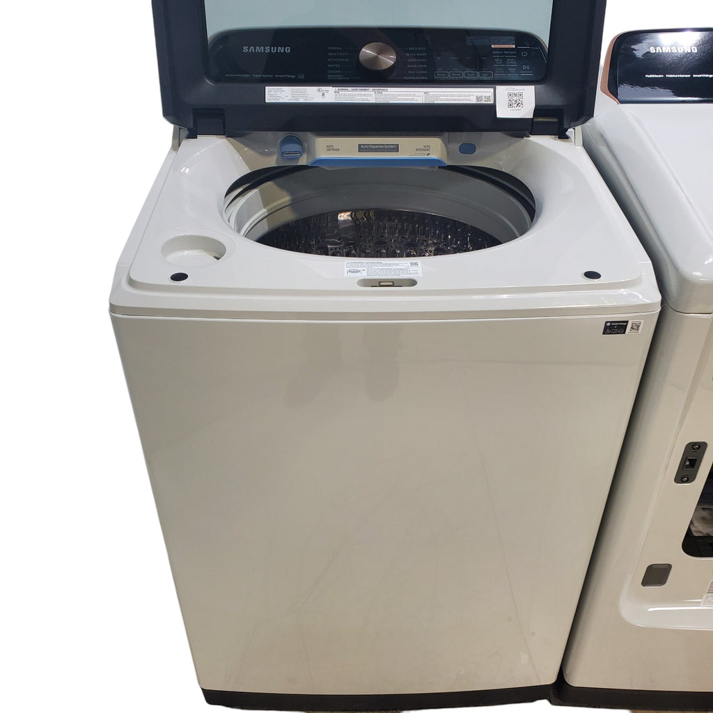 Pictures of Samsung Ivory 5.5 cu. ft. Extra-Large Capacity Smart Top Load Washer with Auto Dispense System and 7.4 cu. ft. Smart Electric Dryer with Steam Sanitize+ - Open Box - Neu Appliance Outlet - Discount Appliance Outlet in Austin, Tx