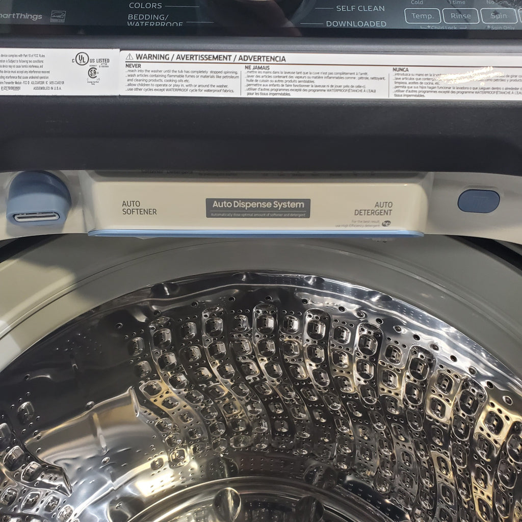 Pictures of Samsung Ivory 5.5 cu. ft. Extra-Large Capacity Smart Top Load Washer with Auto Dispense System and 7.4 cu. ft. Smart Electric Dryer with Steam Sanitize+ - Open Box - Neu Appliance Outlet - Discount Appliance Outlet in Austin, Tx