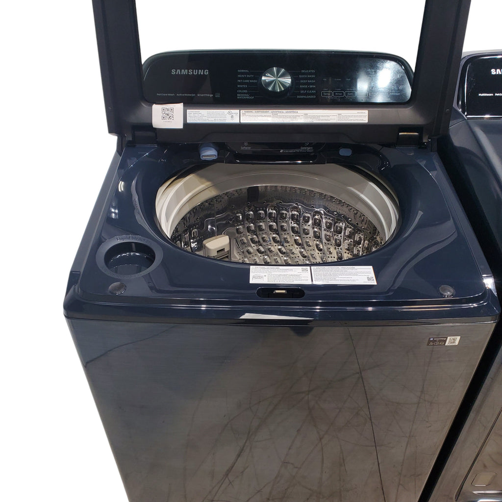 Pictures of Samsung Brushed Navy Blue 5.4 cu. ft. Smart Top Load Washer with Pet Care Solution and Super Speed Wash and 7.4 cu. ft. Smart Vented Electric Dryer with Pet Care Dry and Steam Sanitize+ - Scratch & Dent - Minor - Neu Appliance Outlet - Discount Appliance Outlet in Austin, Tx