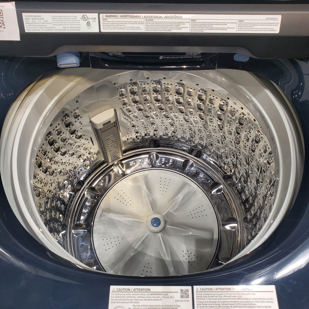 Pictures of Samsung Brushed Navy Blue 5.4 cu. ft. Smart Top Load Washer with Pet Care Solution and Super Speed Wash and 7.4 cu. ft. Smart Vented Electric Dryer with Pet Care Dry and Steam Sanitize+ - Scratch & Dent - Minor - Neu Appliance Outlet - Discount Appliance Outlet in Austin, Tx