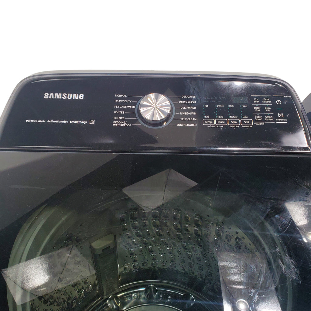 Pictures of Samsung Brushed Navy Blue 5.4 cu. ft. Smart Top Load Washer with Pet Care Solution and Super Speed Wash and 7.4 cu. ft. Smart Vented Electric Dryer with Pet Care Dry and Steam Sanitize+ - Scratch & Dent - Minor - Neu Appliance Outlet - Discount Appliance Outlet in Austin, Tx