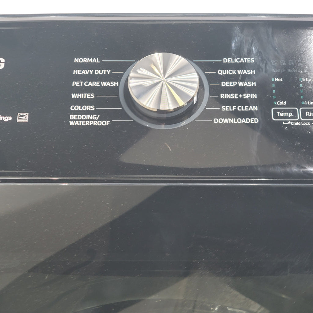 Pictures of Samsung Brushed Navy Blue 5.4 cu. ft. Smart Top Load Washer with Pet Care Solution and Super Speed Wash and 7.4 cu. ft. Smart Vented Electric Dryer with Pet Care Dry and Steam Sanitize+ - Scratch & Dent - Minor - Neu Appliance Outlet - Discount Appliance Outlet in Austin, Tx