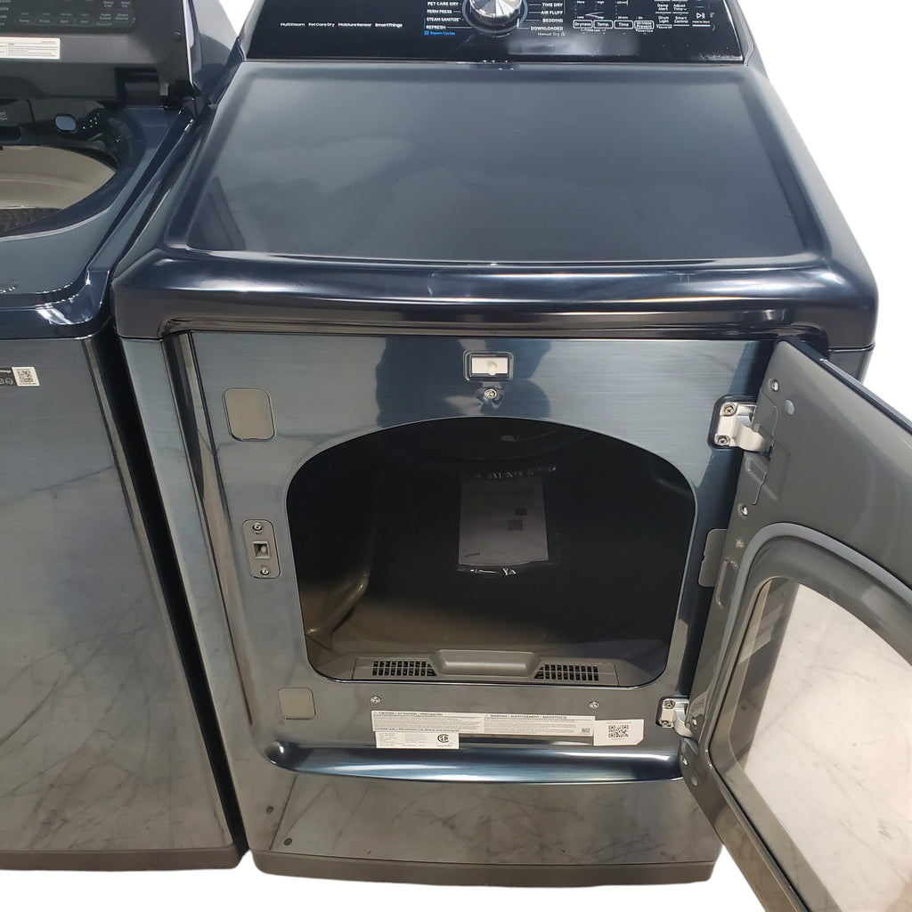 Pictures of Samsung Brushed Navy Blue 5.4 cu. ft. Smart Top Load Washer with Pet Care Solution and Super Speed Wash and 7.4 cu. ft. Smart Vented Electric Dryer with Pet Care Dry and Steam Sanitize+ - Scratch & Dent - Minor - Neu Appliance Outlet - Discount Appliance Outlet in Austin, Tx