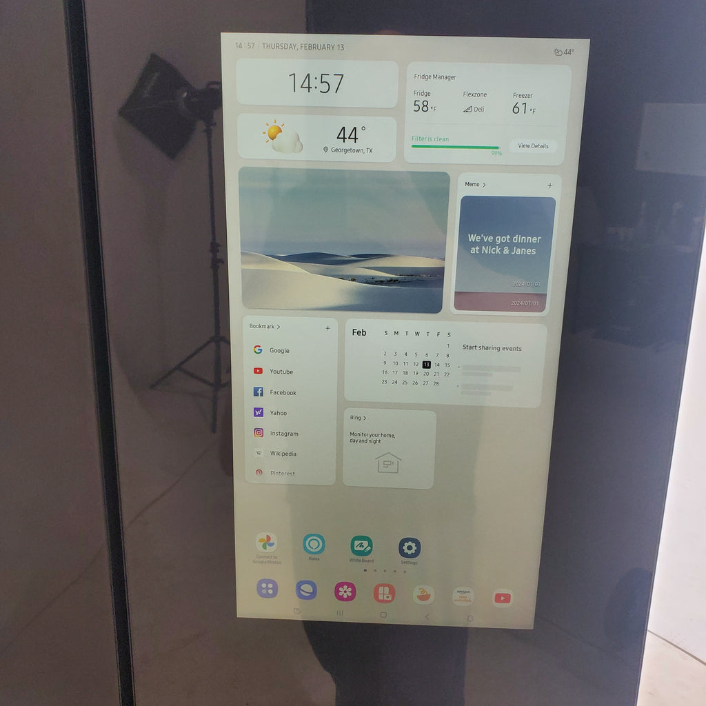 Pictures of Samsung Bespoke 4-Door French Door Refrigerator (29 cu. ft.) – with Top Left and Family Hub™ Panel in Charcoal Glass - and Matte Black Steel Middle and Bottom Door Panels - Open Box - Neu Appliance Outlet - Discount Appliance Outlet in Austin, Tx