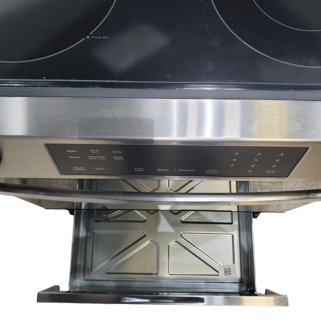 Pictures of GE® Stainless Steel 30" Front Control Slide-In Electric Range with Crisp Mode and 5 Burner Radiant Cooktop - Scratch & Dent - Open Box - Neu Appliance Outlet - Discount Appliance Outlet in Austin, Tx
