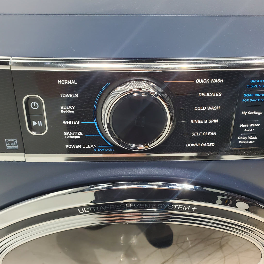 Pictures of Sapphire Blue GE Profile 5.3 cu. ft. Smart Front Load ENERGY STAR Washer with OdorBlock UltraFresh Vent System and Microban and GE 7.8 cu. ft. Smart Front Load ENERGY STAR Electric Dryer in Sapphire Blue with Sanitize Cycle - Scratch & Dent - Minor - Neu Appliance Outlet - Discount Appliance Outlet in Austin, Tx