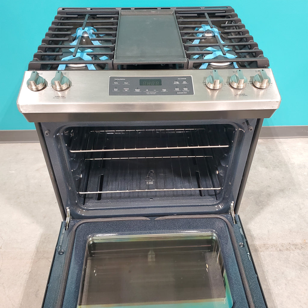 Pictures of GE® Stainless Steel 30" Slide-In Front Control Gas Range with Edge - to - Edge Cooktop and Extra-Large Integrated Griddle JGSS66SELSS - Scratch & Dent - Moderate - Neu Appliance Outlet - Discount Appliance Outlet in Austin, Tx