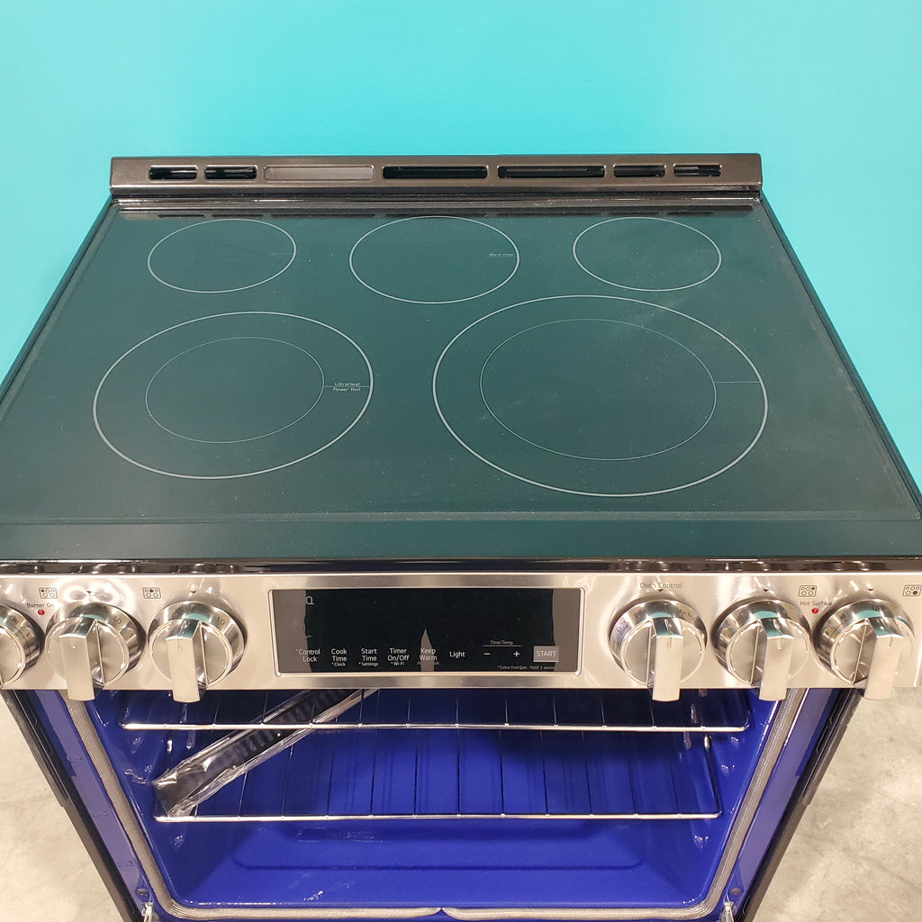 Pictures of PrintProof Stainless Steel LG 6.3 cu. ft. 5 Element Radiant Ceramic Glass Cooktop Slide-In Electric Range with Air Fry LSEL6333F - Open Box - Neu Appliance Outlet - Discount Appliance Outlet in Austin, Tx
