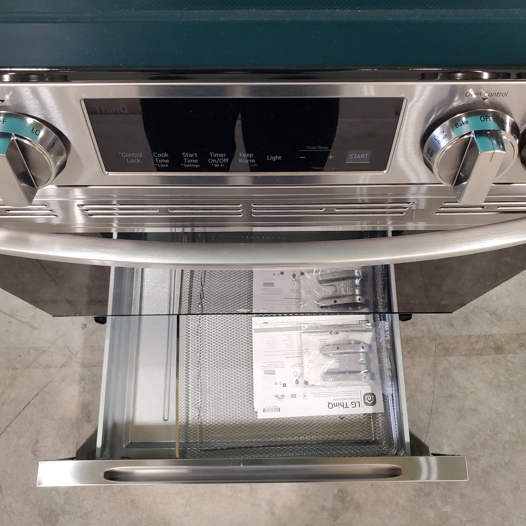 Pictures of PrintProof Stainless Steel LG 6.3 cu. ft. 5 Element Radiant Ceramic Glass Cooktop Slide-In Electric Range with Air Fry LSEL6333F - Open Box - Neu Appliance Outlet - Discount Appliance Outlet in Austin, Tx